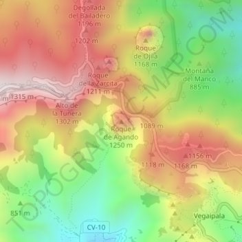 Mapa topográfico Roque de Agando, altitud, relieve