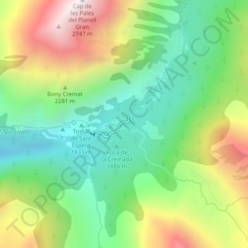 Mapa topográfico Aigüestortes, altitud, relieve