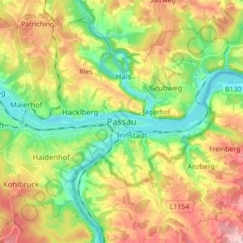 Mapa topográfico Passau, altitud, relieve