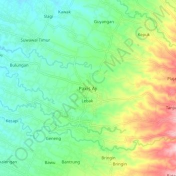 Mapa topográfico Pakis Aji, altitud, relieve