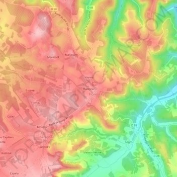 Mapa topográfico Mazeyrac, altitud, relieve