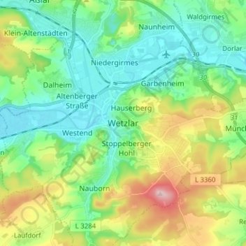 Mapa topográfico Wetzlar, altitud, relieve
