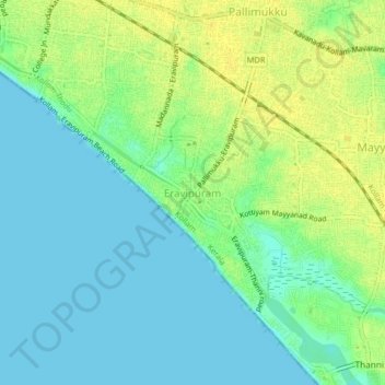 Mapa topográfico Eravipuram, altitud, relieve