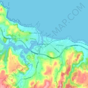 Mapa topográfico Ulverstone, altitud, relieve