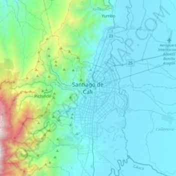 Mapa topográfico Santiago de Cali, altitud, relieve