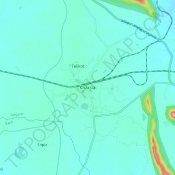 Mapa topográfico Kharsia, altitud, relieve