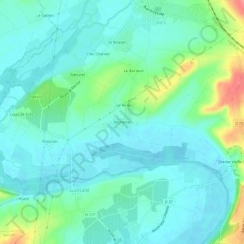 Mapa topográfico Rouhénac, altitud, relieve