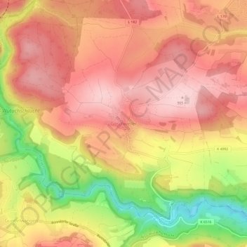 Mapa topográfico Göschweiler, altitud, relieve