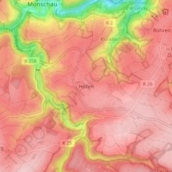 Mapa topográfico Höfen, altitud, relieve