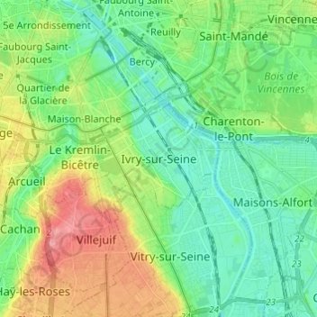 Mapa topográfico Ivry-sur-Seine, altitud, relieve