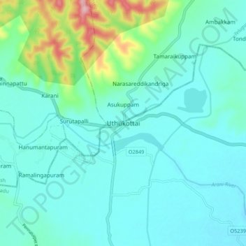 Mapa topográfico Uthukottai, altitud, relieve