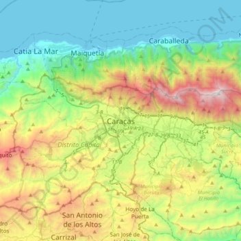 Mapa topográfico Caracas, altitud, relieve