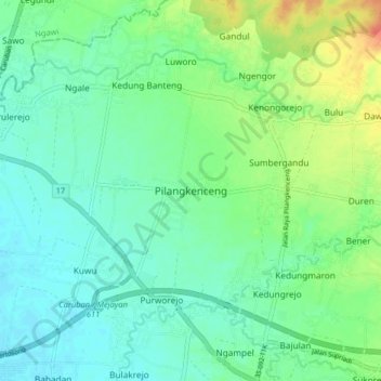 Mapa topográfico Pilangkenceng, altitud, relieve