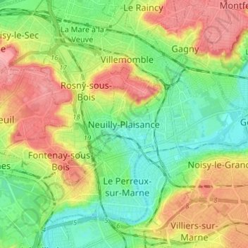 Mapa topográfico Neuilly-Plaisance, altitud, relieve