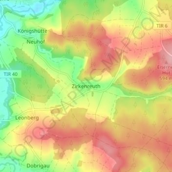 Mapa topográfico Zirkenreuth, altitud, relieve