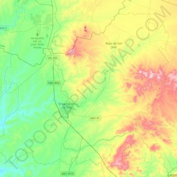 Mapa topográfico Encarnación de Díaz, altitud, relieve