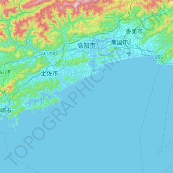 Mapa topográfico Kōchi, altitud, relieve