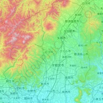 Mapa topográfico Prefectura de Tochigi, altitud, relieve