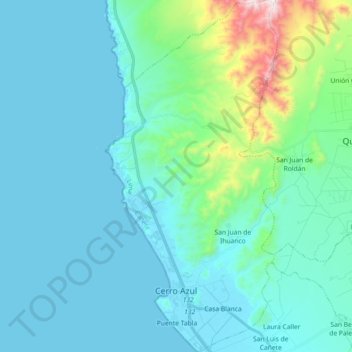 Mapa topográfico Cerro Azul cañete, altitud, relieve
