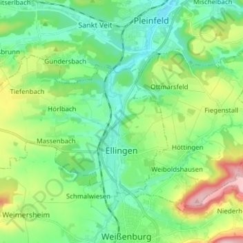 Mapa topográfico Ellingen, altitud, relieve