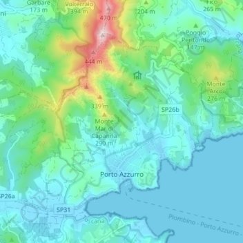 Mapa topográfico Porto Azzurro, altitud, relieve