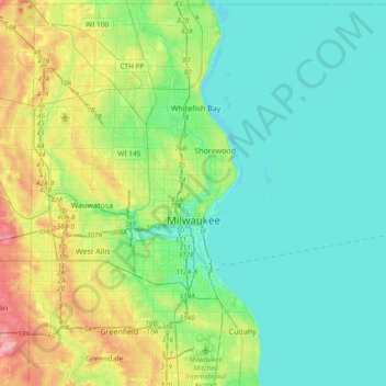 Mapa topográfico Milwaukee, altitud, relieve