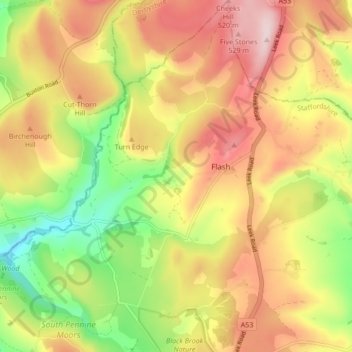 Mapa topográfico Quarnford, altitud, relieve
