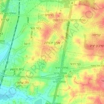 Mapa topográfico Even Yehuda, altitud, relieve