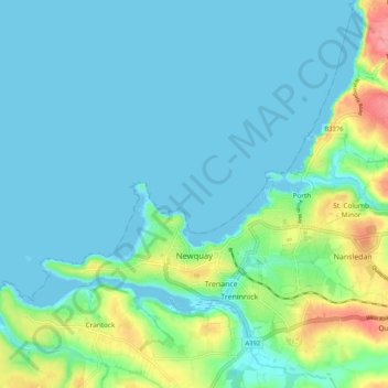 Mapa topográfico Newquay, altitud, relieve