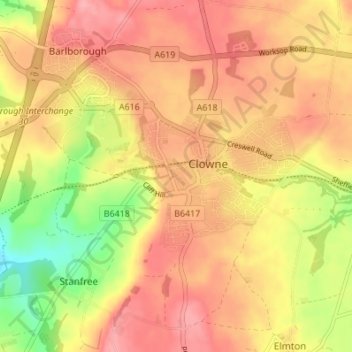 Mapa topográfico Clowne, altitud, relieve