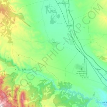 Mapa topográfico Cella, altitud, relieve