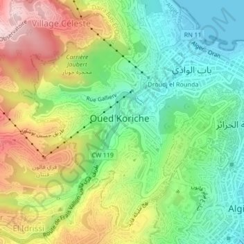 Mapa topográfico Oued Koreiche, altitud, relieve