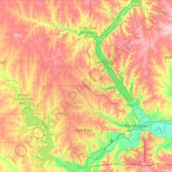 Mapa topográfico Riley County, altitud, relieve