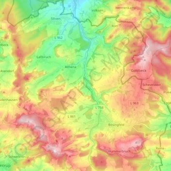 Mapa topográfico Extertal, altitud, relieve