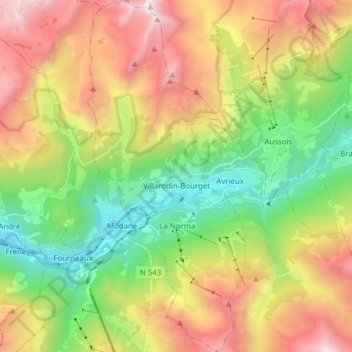 Mapa topográfico Villarodin-Bourget, altitud, relieve