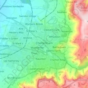 Mapa topográfico Cheltenham, altitud, relieve