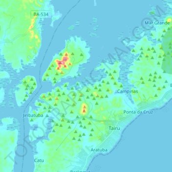 Mapa topográfico Jiribatuba, altitud, relieve