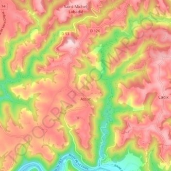 Mapa topográfico Assac, altitud, relieve