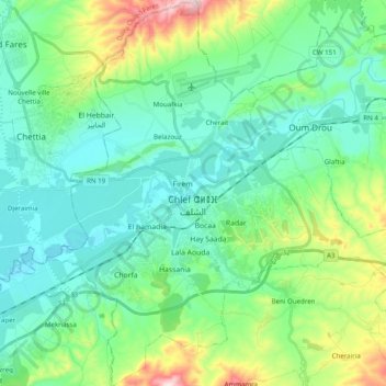 Mapa topográfico Chlef, altitud, relieve