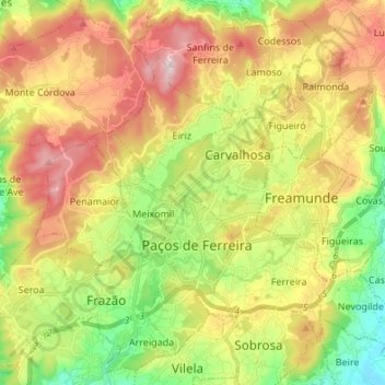 Mapa topográfico Paços de Ferreira, altitud, relieve