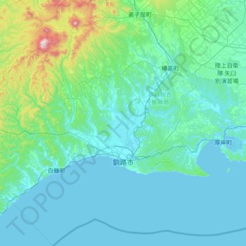 Mapa topográfico Kushiro, altitud, relieve