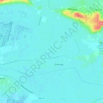 Mapa topográfico Godney, altitud, relieve