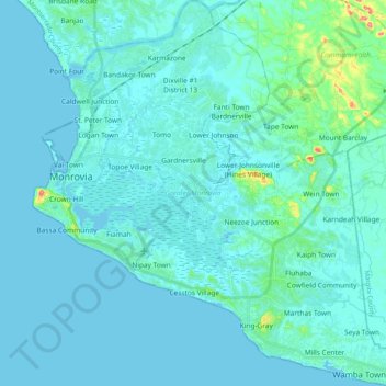 Mapa topográfico Greater Monrovia, altitud, relieve