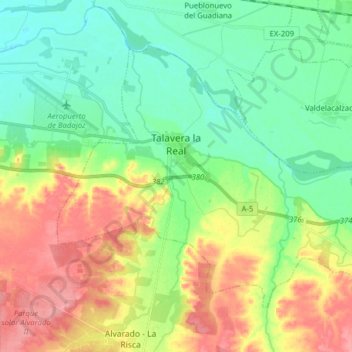 Mapa topográfico Talavera la Real, altitud, relieve