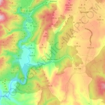 Mapa topográfico Retiendas, altitud, relieve