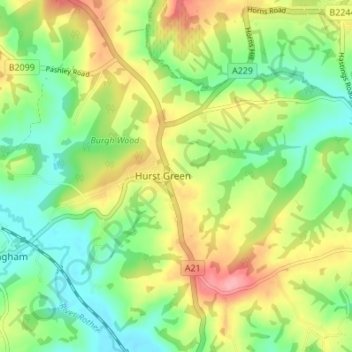 Mapa topográfico Hurst Green, altitud, relieve