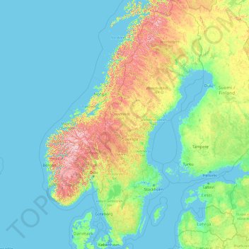 Mapa topográfico Suecia, altitud, relieve