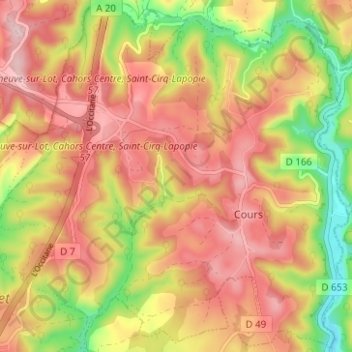 Mapa topográfico Cours, altitud, relieve