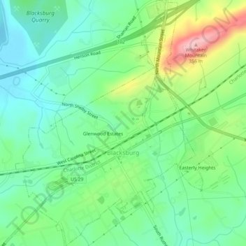 Mapa topográfico Blacksburg, altitud, relieve