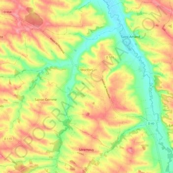 Mapa topográfico Monfort, altitud, relieve
